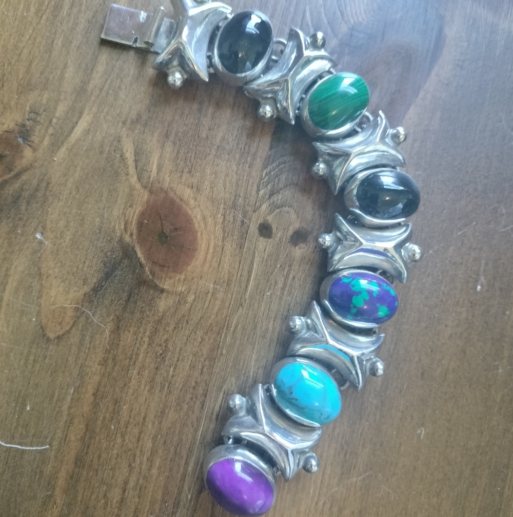Vintage Taxco Mexico Sterling Silver Cabochon Bracelet